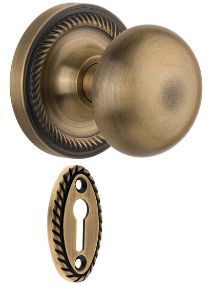 Rope Rosette Mortise Lock Set With Round Brass Knobs Antique Brass.